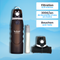 Gourde filtrante pliable HumaGreen noire avec filtre et bouchon, sur fond bleu avec montagnes en filigrane et trois avantages affichés : filtration 0,01 micron, économie de 300 euros par an de bouteilles d’eau, garantie anti-fuite