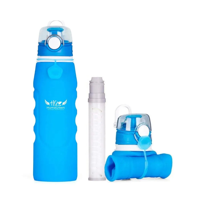 Gourde filtrante HumaGreen en bleu avec un système de filtration pratique pour une eau pure en randonnée