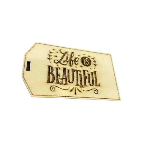 Étiquette à bagage personnalisée bois gravé texte life is beautiful