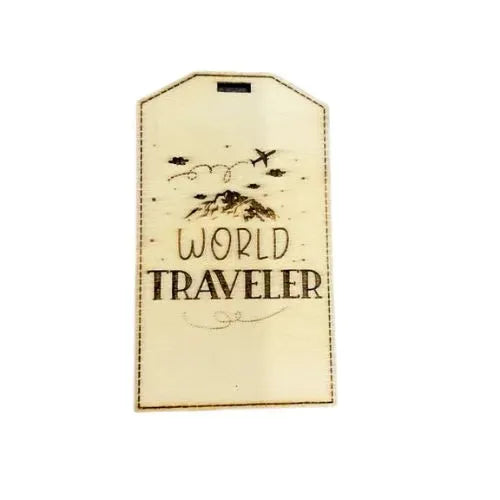 Étiquette à bagage personnalisée bois gravé texte world traveler